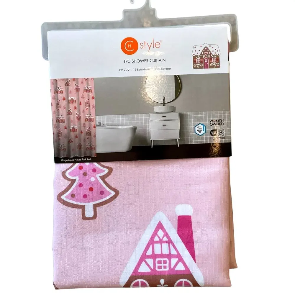 Christmas GINGERBREAD HOUSE Shower Curtain 72x72 Pinkmas Holiday Glam NEW